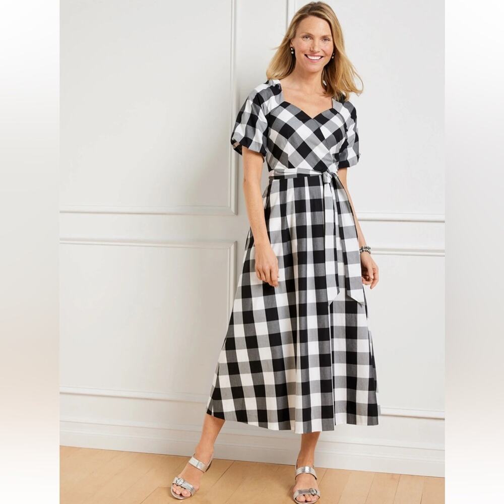TALBOTS ZINNIA GINGHAM FIT & FLARE POPLIN DRESS Size 12 Petite NWOT